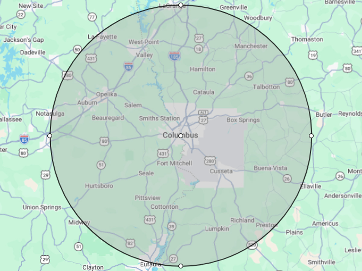 Service area map for Bruce Bunch Plumbing & Piping serving Columbus and West Georgia